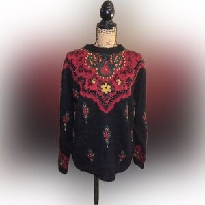 Vintage 90s Hand Knit Beaded Embellished Christmas Holiday Wool Mohair Sweater M